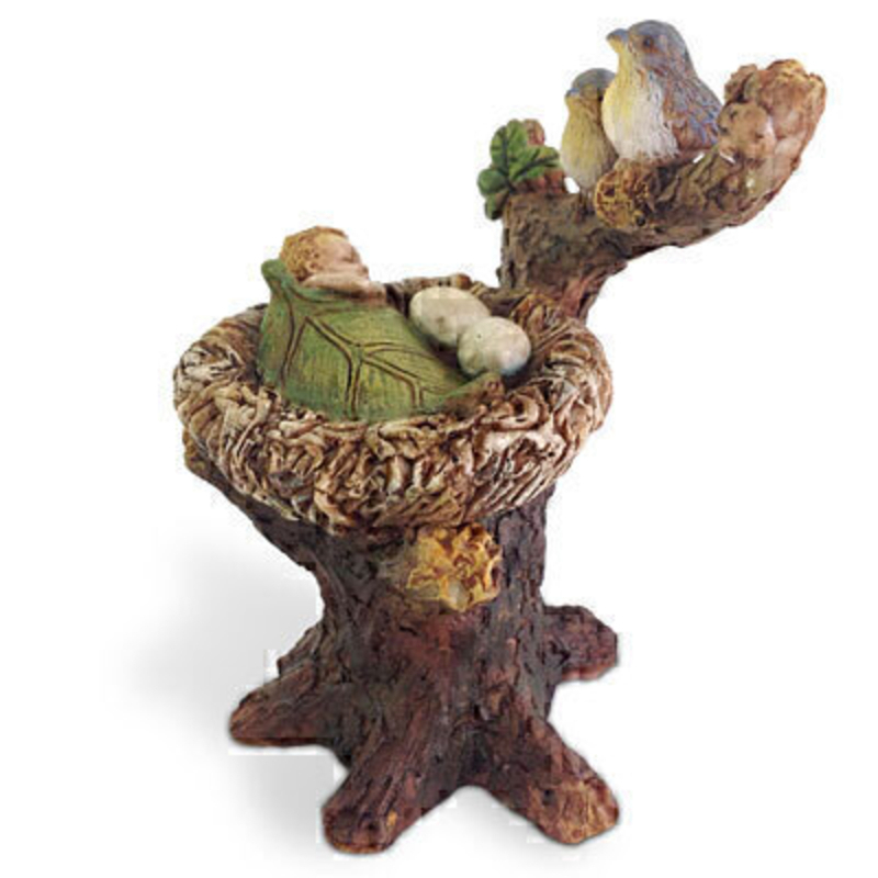 Cute birds sitting on a tree watching their nest which has two eggs and a cute baby fairy asleep and tucked up under a leaf.  This would be right at home in your miniature fairy garden either indoors our outdoors.
